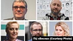 Зьлева направа: Яўген Вільскі, Вадзім Дзьмітранок, Вольга Карач, Анатоль Котаў, Вераніка Цапкала. Каляж ПЦ «Вясна»