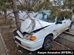 Сәтбаев көшесіне жетпей, Назарбаев даңғылы бойында көп оқ тиіп, талға соғылып тоқтаған жеңіл автокөлік. Алматы, 7 қаңтар 2022 ж.