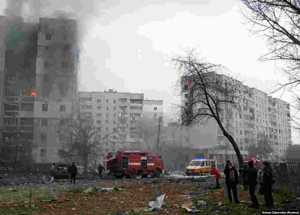 UKRAINE - Flames and smoke billows from a residential building damaged by recent shelling, as Russia&#39;s invasion of Ukraine continues, in Chernihiv, Ukraine March 3, 2022