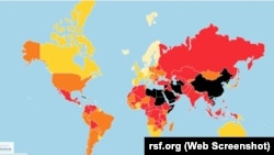 Мапа арганізацыі «Рэпартэры бязь межаў», дзе паказваецца становішча са свабодай СМІ. Толькі ў шэрагу арабскіх краін і Кітаі журналісты маюць горшае становішча, чым у беларускіх калег