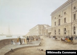 Карл Беггров. Дворцовая набережная у Эрмитажного театра. 1824. В Эрмитажном театре в 1769 году была в присутствии Екатерины II впервые сыграна прославившая Княжнина трагедия «Дидона»