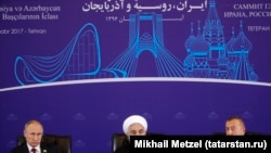 Иран. Владимир Путин, Хасан Роухани, Ильхам Алиев. Тегеран, 01.11.2017 