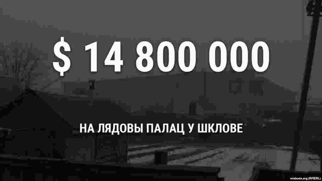 А&nbsp;яшчэ 14,8 мільёна даляраў. Прыкладна столькі выдзелілі зь&nbsp;дзяржаўнага бюджэту на&nbsp;будоўлю лядовага палаца ў&nbsp;Шклове. Аб&rsquo;ект будавалі зь&nbsp;лета 2010&nbsp;па восень 2016&nbsp;году. У&nbsp;хакейным матчы з&nbsp;нагоды адкрыцьця новай арэны кіраўнік краіны закінуў тры шайбы і&nbsp;зрабіў дзьве галявыя перадачы. 