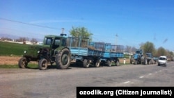 Тракторы, загруженные навозом при въезде в Самаркандскую область из соседней Джизакской области, 11 января 2021 года.